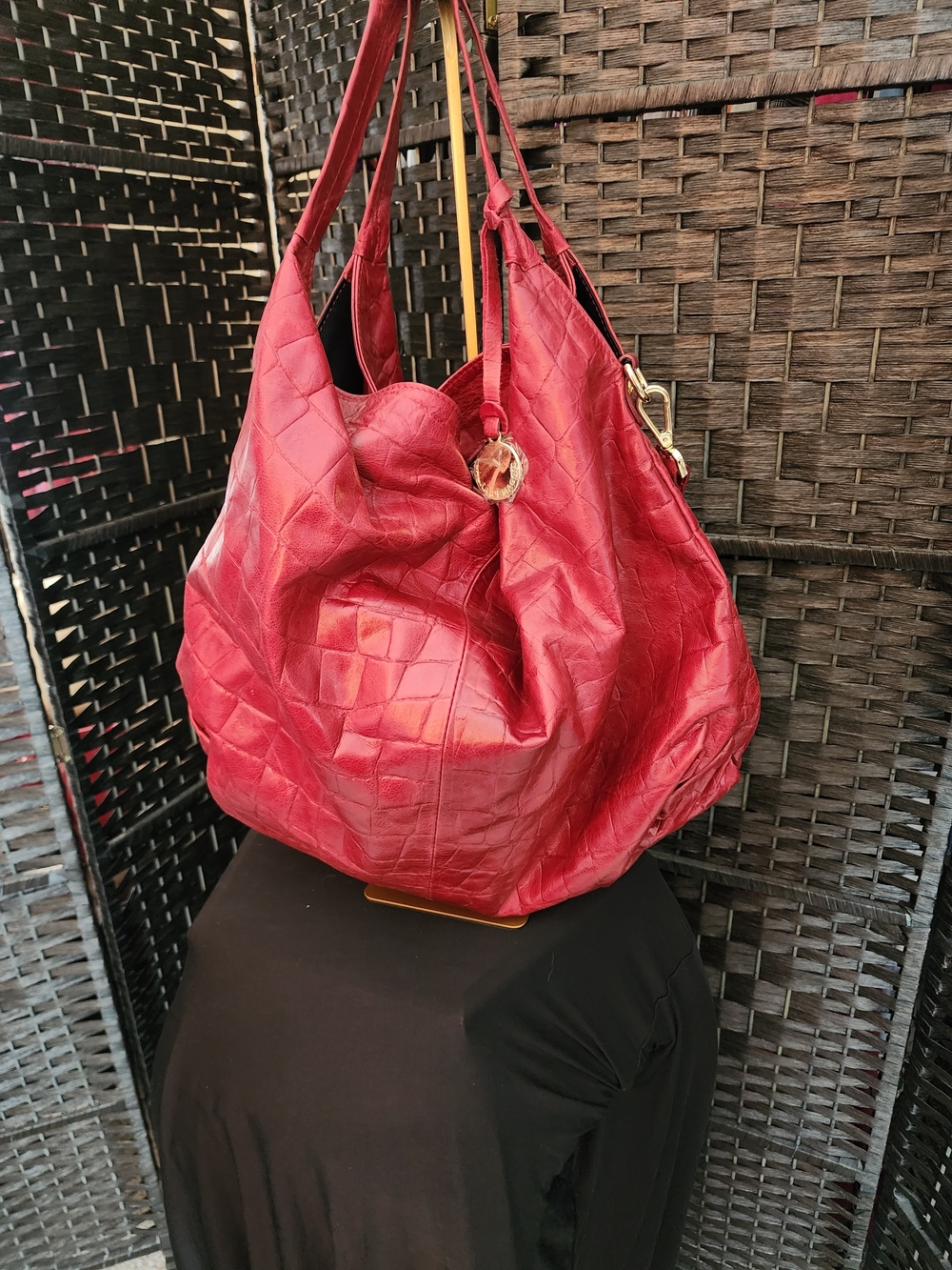 Red Leather Hobo Bag with Gold Accent